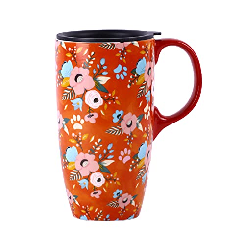 Voltogar Ceramic Travel Mug with Lid, 17oz, Orange Flowers