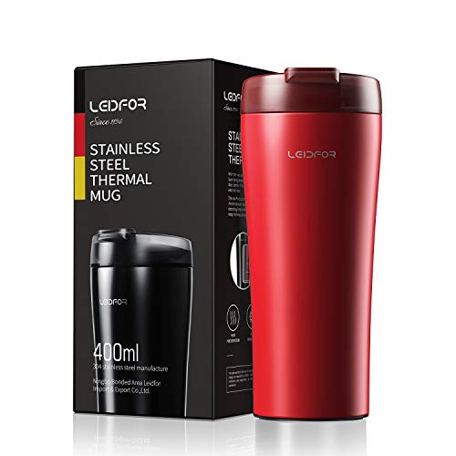 Leidfor Coffee Travel Mug - Leak Proof Lid, Insulated Stainless Steel - 16oz Red
