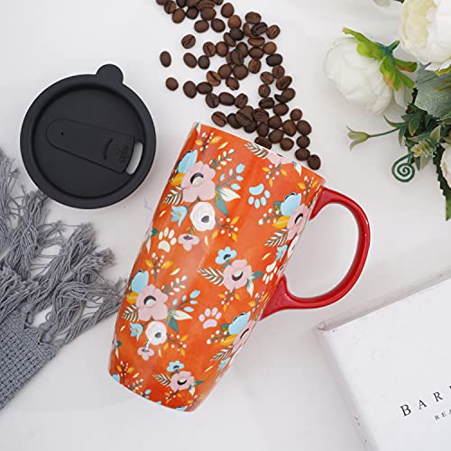 Voltogar Ceramic Travel Mug with Lid, 17oz, Orange Flowers