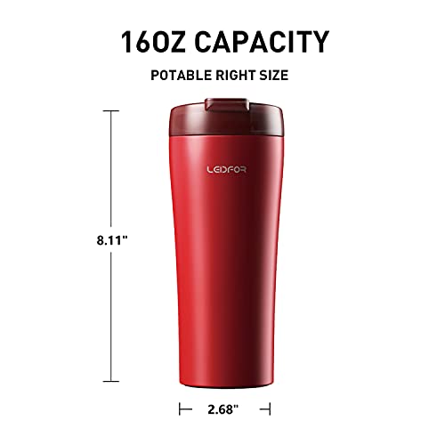 Leidfor Coffee Travel Mug - Leak Proof Lid, Insulated Stainless Steel - 16oz Red