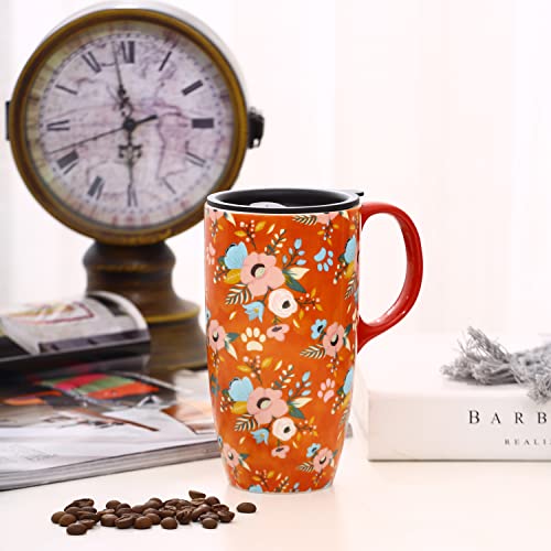 Voltogar Ceramic Travel Mug with Lid, 17oz, Orange Flowers