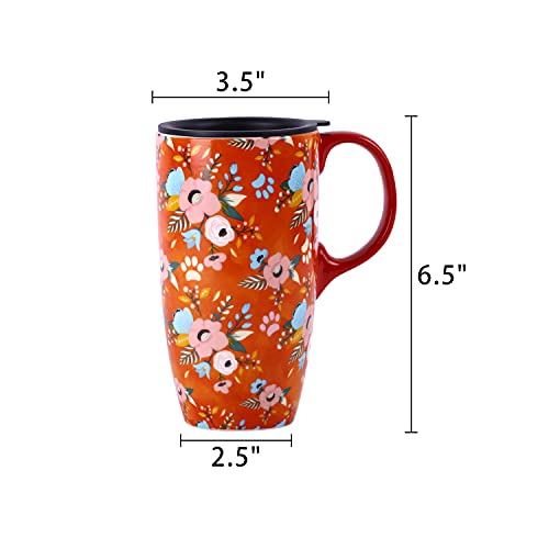 Voltogar Ceramic Travel Mug with Lid, 17oz, Orange Flowers