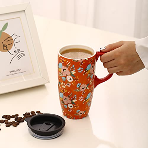Voltogar Ceramic Travel Mug with Lid, 17oz, Orange Flowers