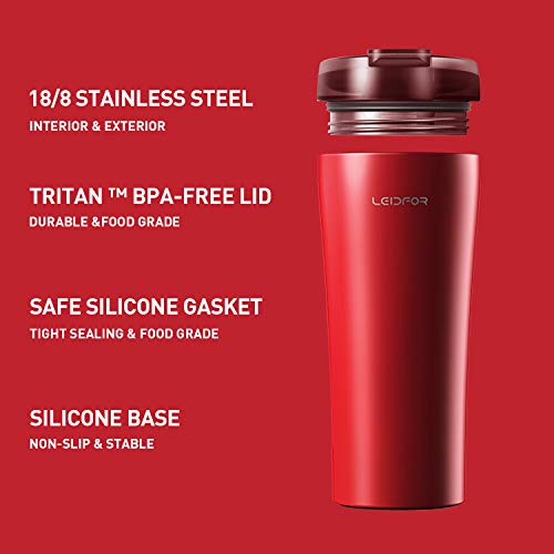 Leidfor Coffee Travel Mug - Leak Proof Lid, Insulated Stainless Steel - 16oz Red