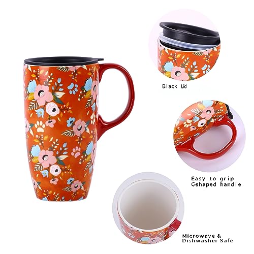 Voltogar Ceramic Travel Mug with Lid, 17oz, Orange Flowers