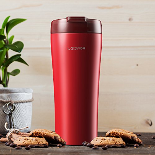 Leidfor Coffee Travel Mug - Leak Proof Lid, Insulated Stainless Steel - 16oz Red
