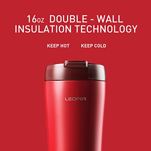 Leidfor Coffee Travel Mug - Leak Proof Lid, Insulated Stainless Steel - 16oz Red