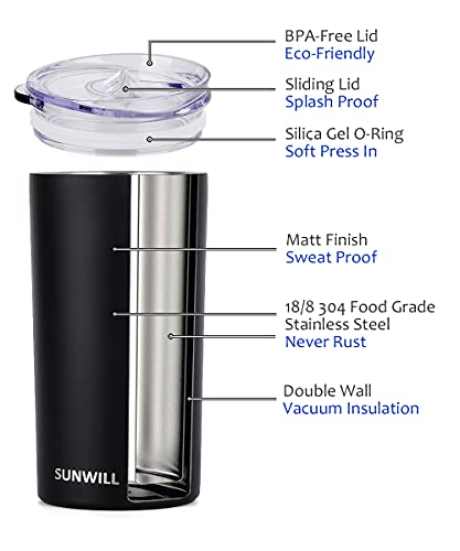 SUNWILL 12oz Insulated Coffee Travel Mug, Double Wall Steel