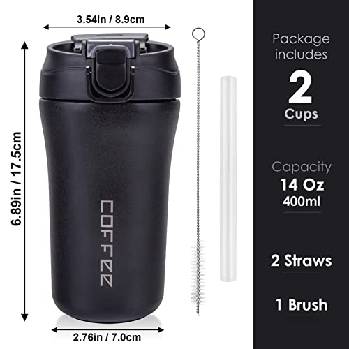 Travel coffee mug 2 pack, spill-proof with lid/straw