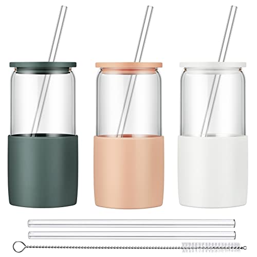 Sunseeke Glass Tumbler Set, 16oz with Straw & Lid