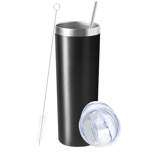 Black Stainless Steel Skinny Tumbler with Straw- 20oz