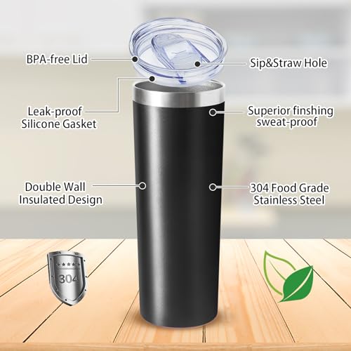 Black Stainless Steel Skinny Tumbler with Straw- 20oz