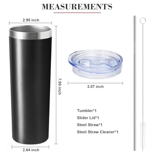 Black Stainless Steel Skinny Tumbler with Straw- 20oz