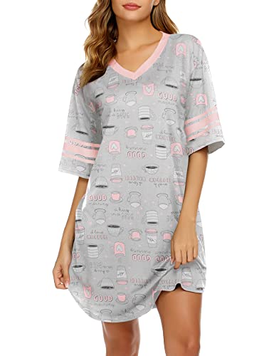 V-Neck Coffee Novelty Sleepshirt, Loose Fit, Grey, Large