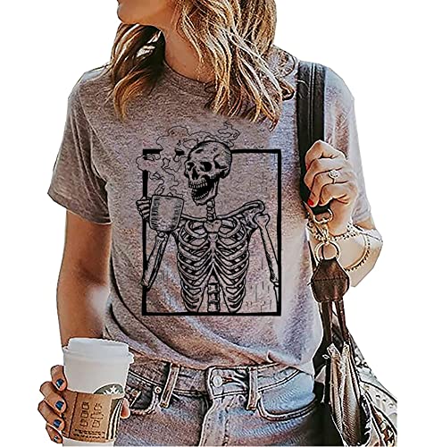 Halloween Skull Graphic Tee for Women - Hot Coffee