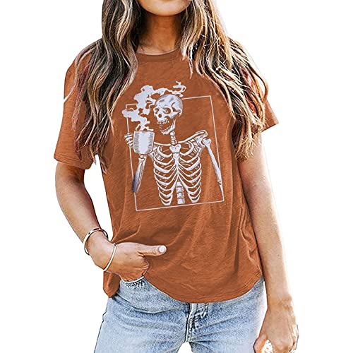 Women's Halloween Skeleton Coffee Shirt Skull Graphic Tee
