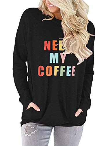 Black Long Sleeve Coffee Print Baggy Tee Shirt