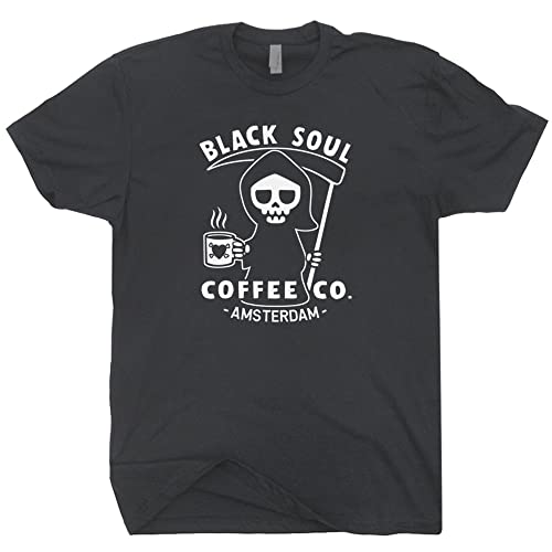 XL - Black Soul Coffee T Shirt Cool Vintage Amsterdam Shirt for Men Women Weird Funny Retro Death Coffee Graphic Tee