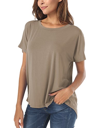 Herou Summer Light Coffee T Shirt for Women Short Sleeve Hi Low Loose Basic Tops Light Coffee Small