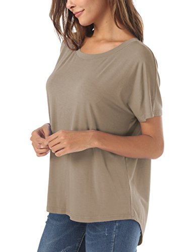 Herou Summer Light Coffee T Shirt for Women Short Sleeve Hi Low Loose Basic Tops Light Coffee Small