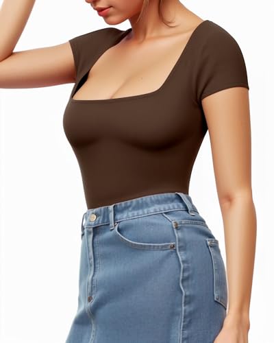 MANGOPOP Square Neck Bodysuits Womens Short Sleeve Body suit Coffee T Shirts Tops
