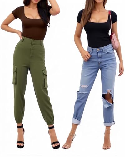 MANGOPOP Square Neck Bodysuits Womens Short Sleeve Body suit Coffee T Shirts Tops