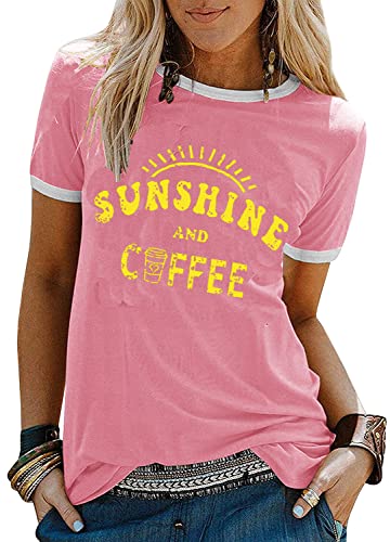 YEXIPO Womens Sunshine and Coffee T-Shirts Graphic Tees Summer Casual Loose Crewneck Short Sleeve Tee Shirts Tops