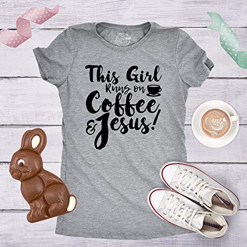 Womens This Girl Runs Off Coffee and Jesus T Shirt Funny Faith Church Cool Tee Funny Womens T Shirts Easter T Shirt for Women Funny Coffee T Shirt Women's Light Grey S
