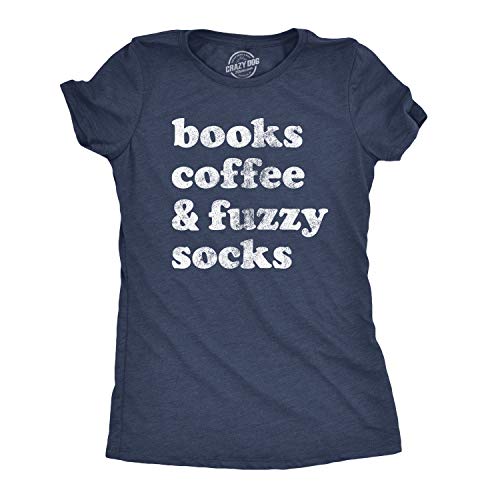 Womens Books Coffee and Fuzzy Socks T Shirt Funny Gift for Her Cottage Lake Tee Funny Womens T Shirts Introvert T Shirt for Women Funny Coffee T Shirt Navy S