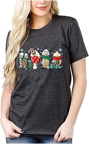 Women Christmas Coffee T-Shirt Funny Christmas Holiday Drinks Graphic Tee Tops Xmas Coffee Lover Shirt Peppermint Latte Blouse Tee(S-Dark Grey L)