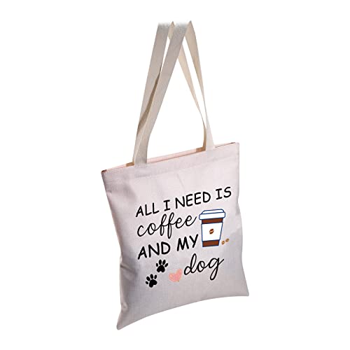 CMNIM All I Need is Coffee and My Dog Lover Gifts for Coffee Lovers Tote Bag Dog Mom Gift for Dog Owner Reusable Shopping Bag (Coffee and My Dog Tote Bag beige)
