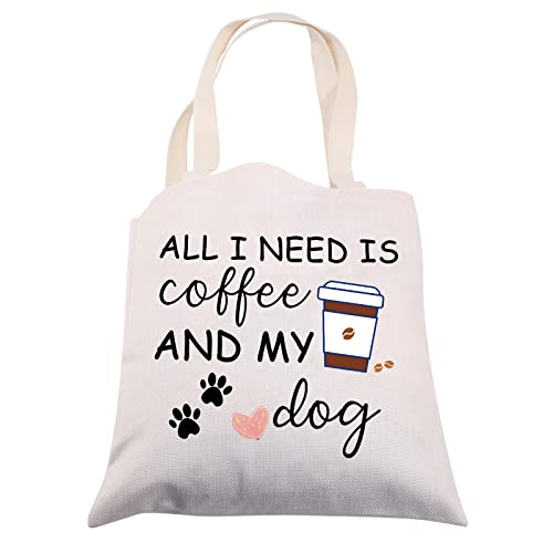 CMNIM All I Need is Coffee and My Dog Lover Gifts for Coffee Lovers Tote Bag Dog Mom Gift for Dog Owner Reusable Shopping Bag (Coffee and My Dog Tote Bag beige)