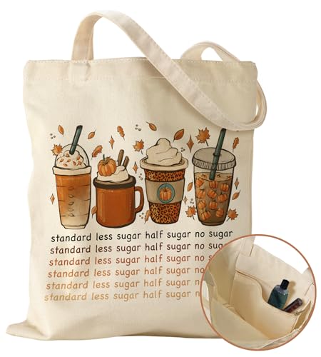 Miss Adola Aesthetic Canvas Tote Bag with Inner Pocket for Women Unique Funny Pattern Design Casual Sturdy Cloth Cotton Gift Totes Bag with Pattern for Vacation, Shopping, Work, Gym - Latte Coffee