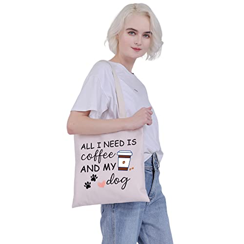 CMNIM All I Need is Coffee and My Dog Lover Gifts for Coffee Lovers Tote Bag Dog Mom Gift for Dog Owner Reusable Shopping Bag (Coffee and My Dog Tote Bag beige)