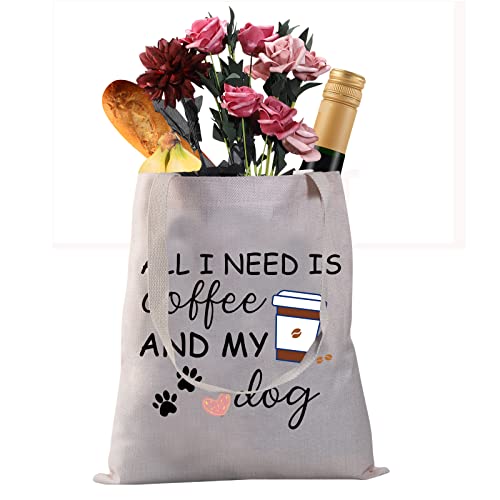 CMNIM All I Need is Coffee and My Dog Lover Gifts for Coffee Lovers Tote Bag Dog Mom Gift for Dog Owner Reusable Shopping Bag (Coffee and My Dog Tote Bag beige)
