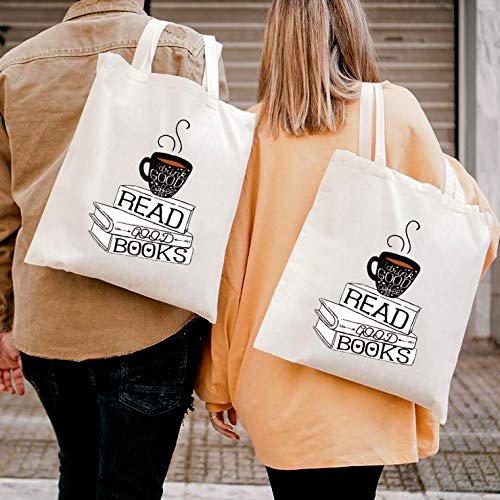 Myakako YouFangworkshop Funny Drink Good Coffee Read Good Books Reusable Cotton Canvas Tote Bag for Women, Men, Friends, Book Lovers, Teens, Readers, Coffee Lovers Grocery Shopping Tote Bag