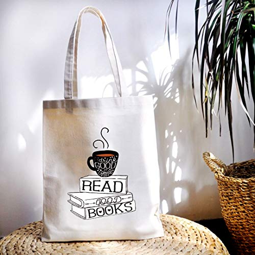 Myakako YouFangworkshop Funny Drink Good Coffee Read Good Books Reusable Cotton Canvas Tote Bag for Women, Men, Friends, Book Lovers, Teens, Readers, Coffee Lovers Grocery Shopping Tote Bag