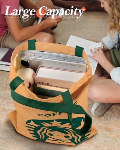 Miss Adola Aesthetic Canvas Tote Bag with Pattern for Women, Cute Funny Coffee Girl Design Casual Sturdy Cloth Cotton Totes Bag for Vacation, Shopping, Grocery, Work, Gym