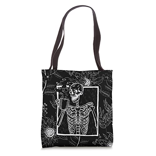 Skeleton Sunflower Black Floral Pattern Skull with Coffee Tote Bag