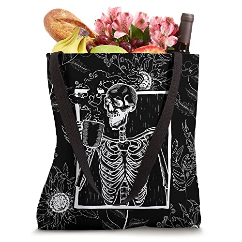 Skeleton Sunflower Black Floral Pattern Skull with Coffee Tote Bag