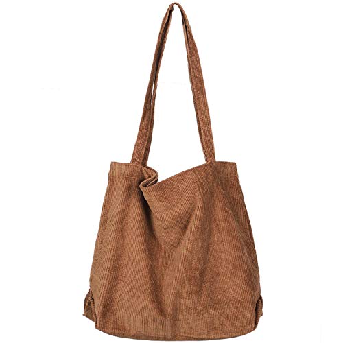 Etercycle Women Corduroy Tote Bag, Casual Handbags Big Capacity Shopping Shoulder Bag with Pocket (Brown)