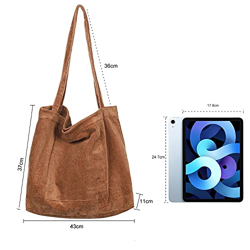 Etercycle Women Corduroy Tote Bag, Casual Handbags Big Capacity Shopping Shoulder Bag with Pocket (Brown)