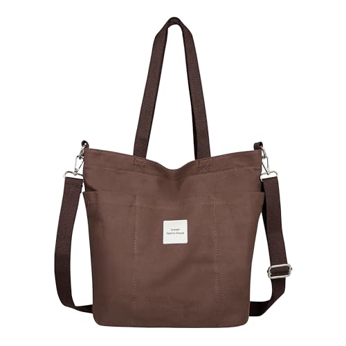 Iswee Canvas Tote Bag with Zipper Multi Pockets Tote Purse for Women Fashion Crossbody Tote Shoulder Bag Handbag Everyday Bag(Coffee)