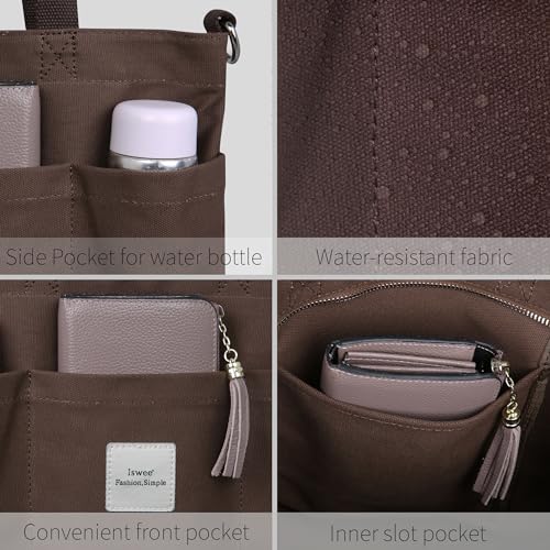 Iswee Canvas Tote Bag with Zipper Multi Pockets Tote Purse for Women Fashion Crossbody Tote Shoulder Bag Handbag Everyday Bag(Coffee)