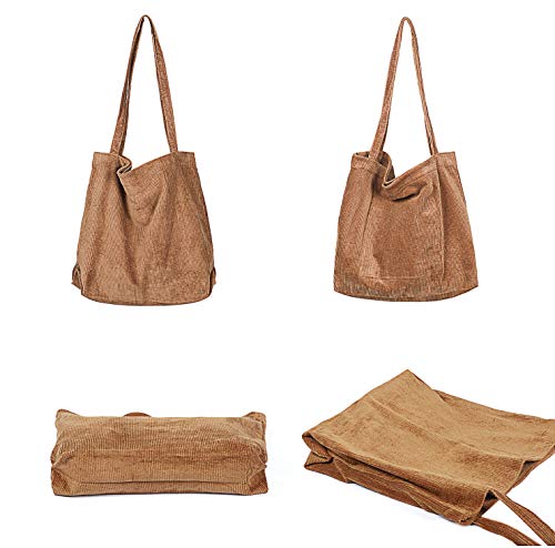 Etercycle Women Corduroy Tote Bag, Casual Handbags Big Capacity Shopping Shoulder Bag with Pocket (Brown)