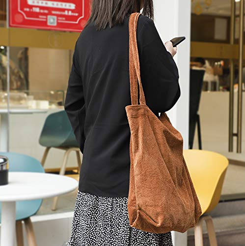 Etercycle Women Corduroy Tote Bag, Casual Handbags Big Capacity Shopping Shoulder Bag with Pocket (Brown)