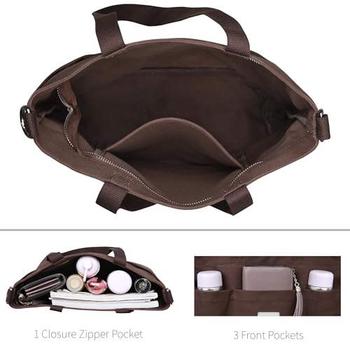 Iswee Canvas Tote Bag with Zipper Multi Pockets Tote Purse for Women Fashion Crossbody Tote Shoulder Bag Handbag Everyday Bag(Coffee)