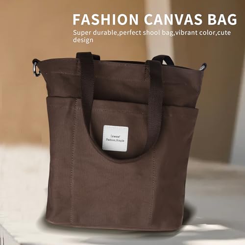 Iswee Canvas Tote Bag with Zipper Multi Pockets Tote Purse for Women Fashion Crossbody Tote Shoulder Bag Handbag Everyday Bag(Coffee)