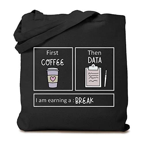 TSIIUO Women's First Coffee Then Data Canvas Tote Bag Funny Coffee Lover Shoulder Bags Aesthetic Reusable Shopping Bag Black