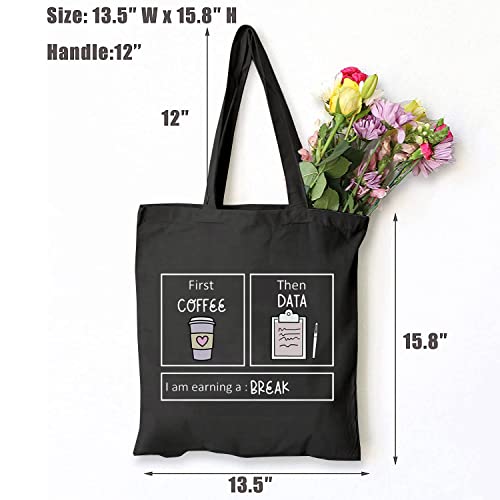 TSIIUO Women's First Coffee Then Data Canvas Tote Bag Funny Coffee Lover Shoulder Bags Aesthetic Reusable Shopping Bag Black